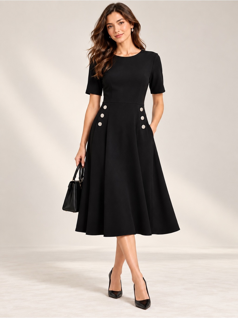 NWOT Ann Taylor Black Midi A-Line Dress with Silver Buttons